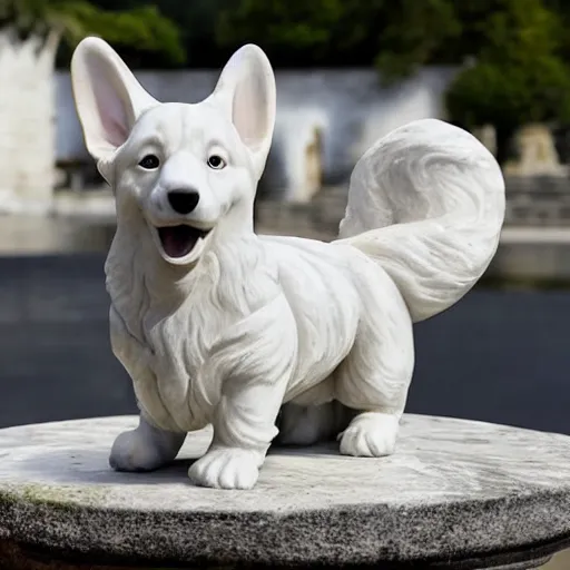 Prompt: 2 white marble sculpture of a corgi , smiling and standing on back legs ,by Michelangelo, in front of ancient castle.