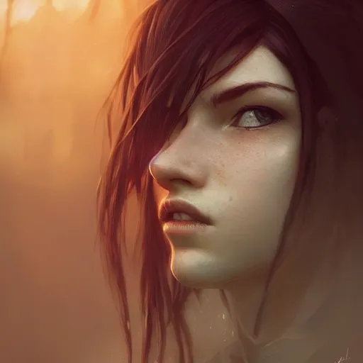 Image similar to Beautiful riveting Tifa Lockhart portrait, face centered portrait, Confident, fog, rain, volumetric lighting, beautiful, golden hour, sharp focus, ultra detailed, conceptartworld by Leesha Hannigan, Ross Tran, Thierry Doizon, Kai Carpenter,Ignacio Fernández Ríos