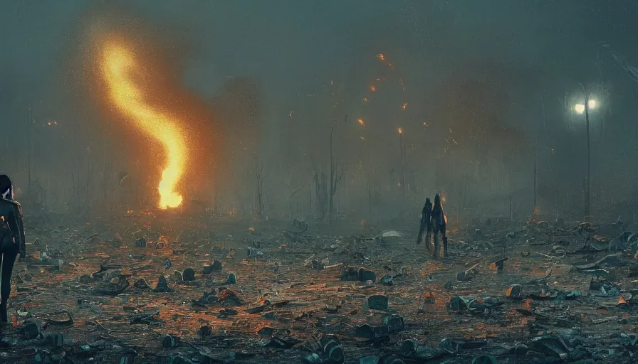 Image similar to woman with black hair and leather jacket walking away from explosion, lovecraftian hellscape, golden tenticles, soldiers and mech fight, simon stalenhag, 4 k, ultra detailed, explosions and smoke