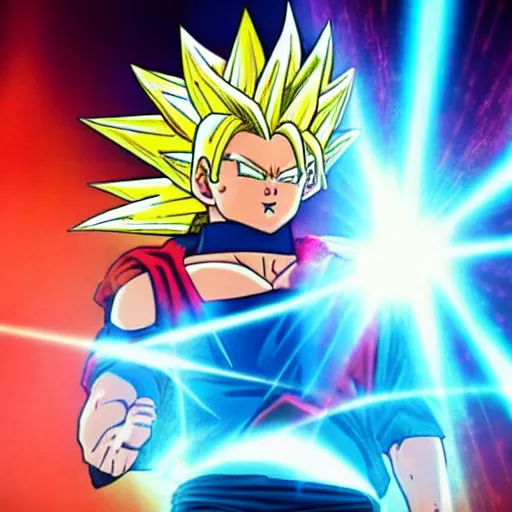 Image similar to a picture of super saiyan messi shooting a laser beam