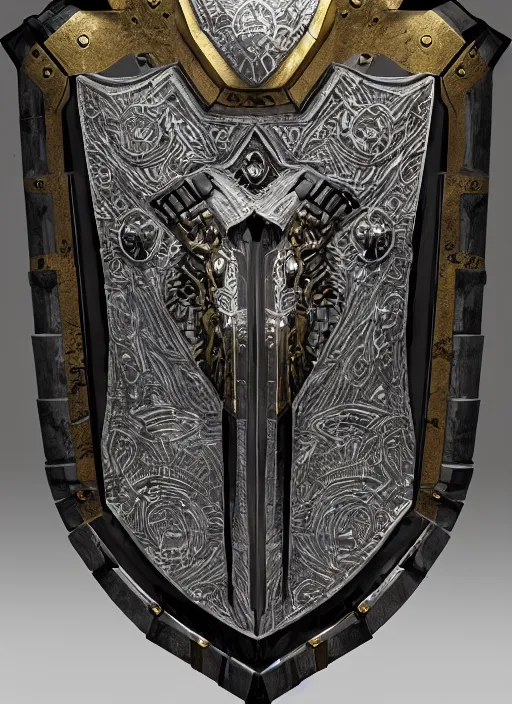 Prompt: hyper realistic glorious ancient shield in a obsidian metal armor, futuristic design, designed by makoto kobayashi and luca zampriolo, cyberpunk style, wood and gold details, intricate, extremely detailed, ornate, deep of field, hard surface, exoskeleton, substance designer metal unreal engine. amazing likeness. very detailed.