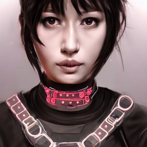 Image similar to detailed realistic female character cyberpunk wearing thick technological collar around neck, realistic, art, beautiful, 4K, collar, choker, collar around neck, punk, artstation, detailed, female, woman, choker, cyberpunk, neon, punk, collar, choker, collar around neck, thick collar, tight around neck, punk,