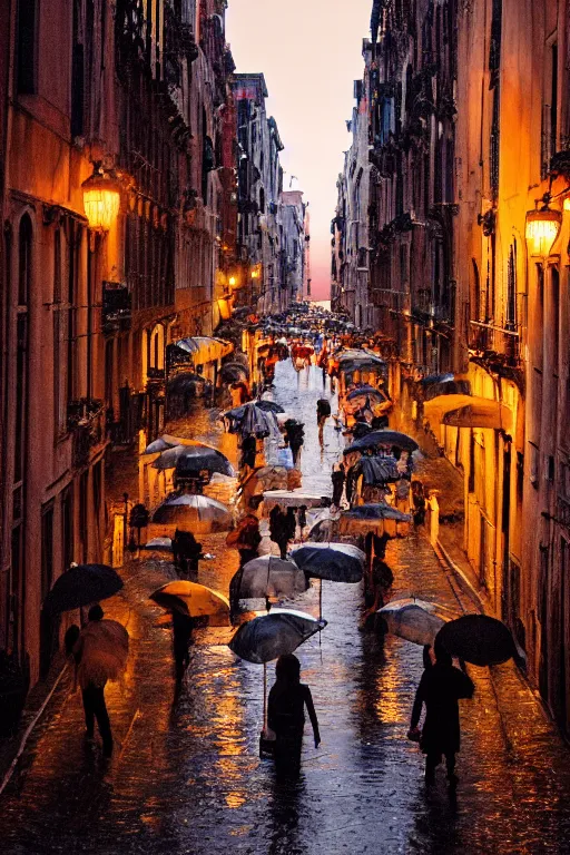 Image similar to crowd of people walking on rainy street at dusk golden hour , hyper-realistic environment, new york , venice