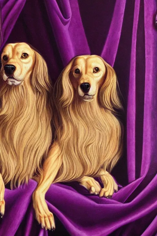 Image similar to Cerberus is member of the English royal family, Background is a curtain of purple Velvet, oil painting, hyper detailed, hyper realistic, by Botticelli, portrait