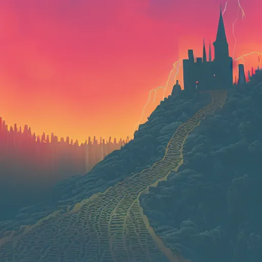 Prompt: detailed cyberpunk illustration of steep long zig - zag path to an evil sharp castle over a high dark blue hill, orange to pink gradient sky and thunderstorm background. forest underneath