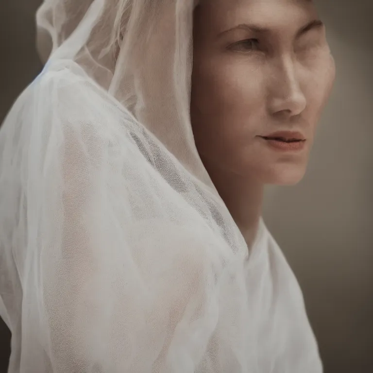 Prompt: hight focus f - 2 2, 8 5 mm, iso 1 0 0 : a wonderful realistic focused sweet face mid portrait of a lonely woman with a detailed wonderful symmetrical face who is dressed with a wonderful, majestic, large semi transparent white cotton dress, dramatic light, octane render - 8 k
