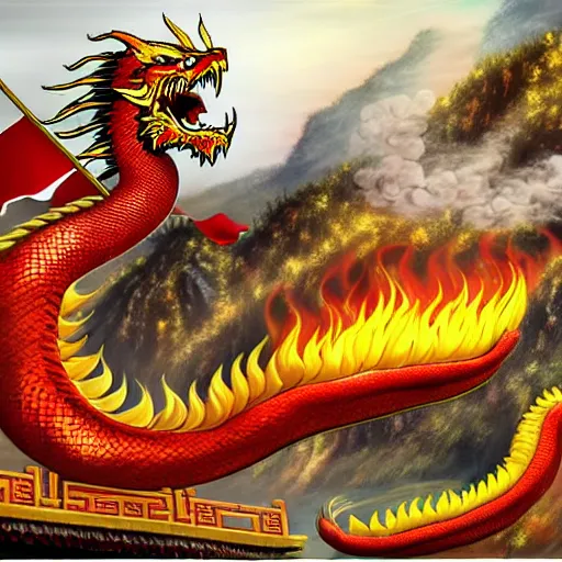 Prompt: Chinese president, bananas weapon, dragon, fight, flaming mountain, painting, epic