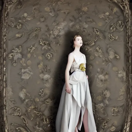 Image similar to Young lady full length shot wearing valentino resort simple sleeveless dress pale grey and white flowers in the style of baroque cyberpunk oil painting standing inside lourve, 8K, background renaissance paintings with gold