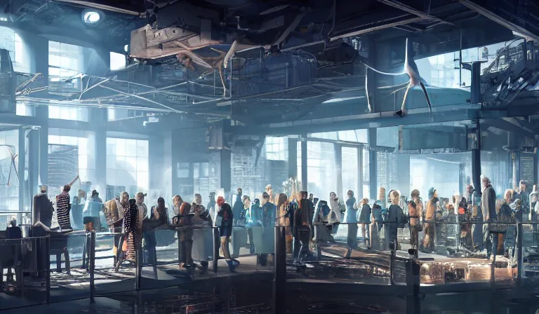 Prompt: group of people in simple warehouse, staring at hologram of futuristic city on a table, cinematic concept art, godrays, golden hour, natural sunlight, 4 k, clear details, tabletop model buildings, center model buildings, hologram center, crane shot, crane shot, crane shot