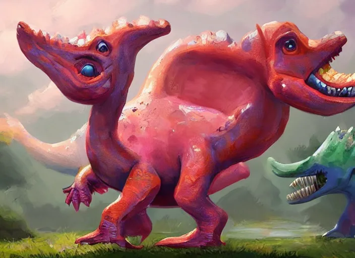 Prompt: concept design of cute candy dinosaurs for a aaa game, oil painting by eren arik and jama jurabaev, extremely detailed, brush hard, artstation, high quality, brush stroke