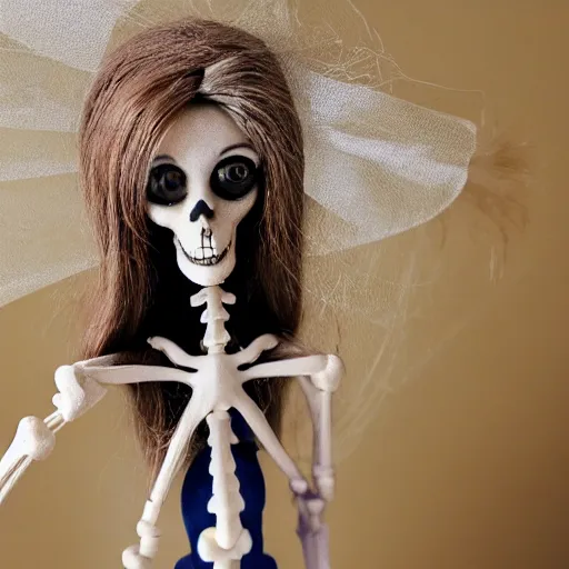 Image similar to lovely realistic ball jointed high end lapis lazuli skeleton doll with fashion and cute accessories, inside gothic doll manor bedroom, god rays, dust particles, photorealistic, aesthetic shot, worms eye view, macro camera lens, high definition, thematic, cinematic, lens flare