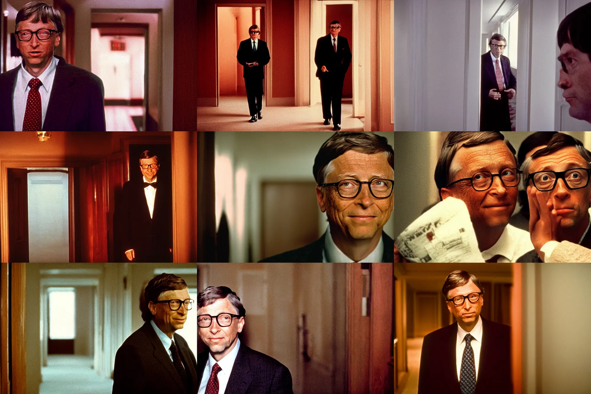 Prompt: bill gates being creepy in the shining, cinestill, atmospheric, low light