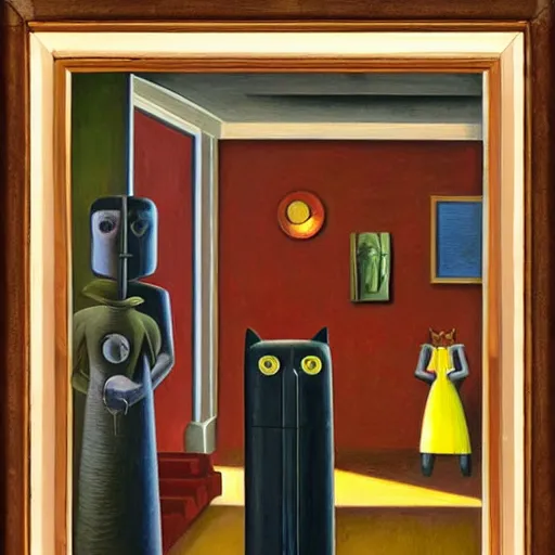 Image similar to cat robots, grant wood, pj crook, edward hopper, oil on canvas