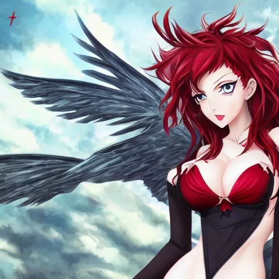 Prompt: christina rene hendricks as a highschool dxd character, demon wings, d & d, fantasy, highly detailed, digital art, trending on artstation, smooth, sharp focus, illustration, art by peter tang and artgem