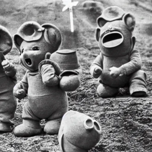 Prompt: teletubbies in a trench during world war 2