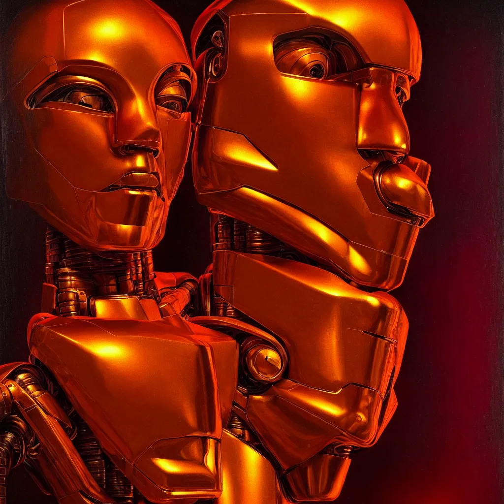 Prompt: cinematic bust portrait of psychedelic god robot from left, head and chest only, robotic improvements, part of Moebius, part of maxfield parrish, part of Thomas Ehretsmann,, oil on canvas, masterpiece, trending on artstation, cinematic composition, dramatic pose, beautiful lighting, sharp, details, hyper-detailed, volumetric lighting 4K