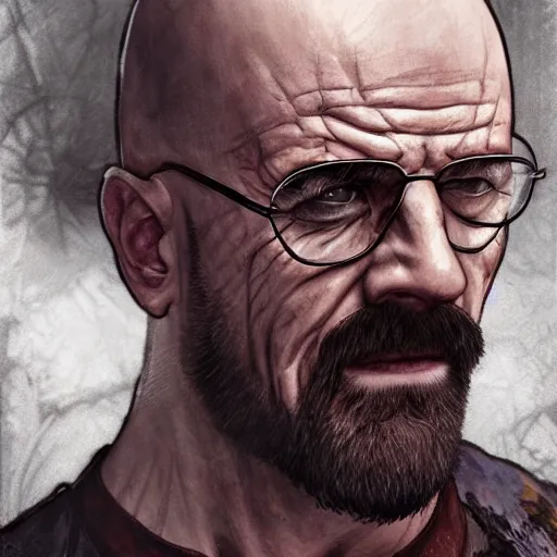 Image similar to Heisenberg as Kratos, highly detailed, digital painting, artstation, concept art, smooth, sharp focus, illustration, ArtStation, art by artgerm and greg rutkowski and alphonse mucha and J. C. Leyendecker and Edmund Blair Leighton and Katsuhiro Otomo and Geof Darrow and Phil hale and Ashley wood and Ilya repin and Charlie Bowater
