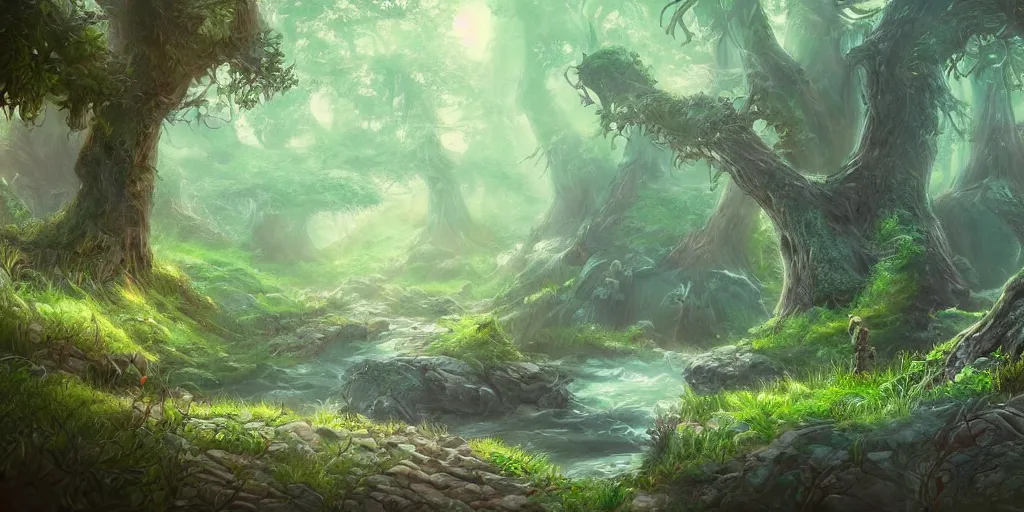 Image similar to digital painting of a fantasy forest, artstation, wallpaper, hd, bushes, river, fantastic creatures, depth of field