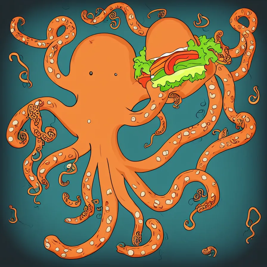 Image similar to high quality illustration of a giant octopus holding hamburger, tentacles wrapped around burger, vector art, poster, symmetry