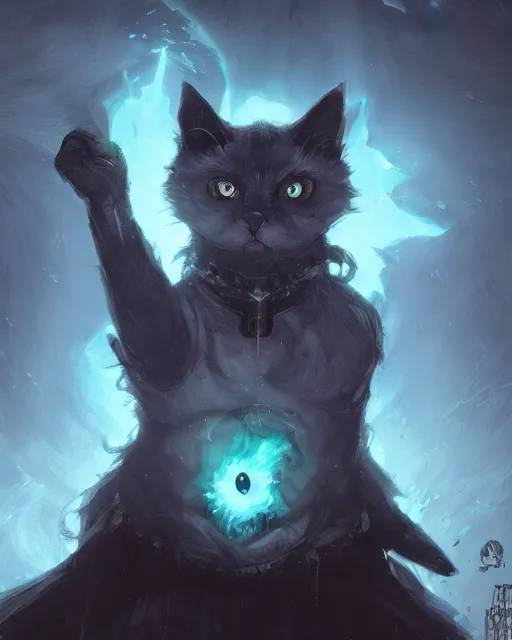 Image similar to Cat/Fog Elemental, glowing eyes, magic the gathering artwork, D&D, fantasy, cinematic lighting, centered, symmetrical, highly detailed, digital painting, artstation, concept art, smooth, sharp focus, illustration, volumetric lighting, epic Composition, 8k, art by Akihiko Yoshida and Greg Rutkowski and Craig Mullins, oil painting, cgsociety