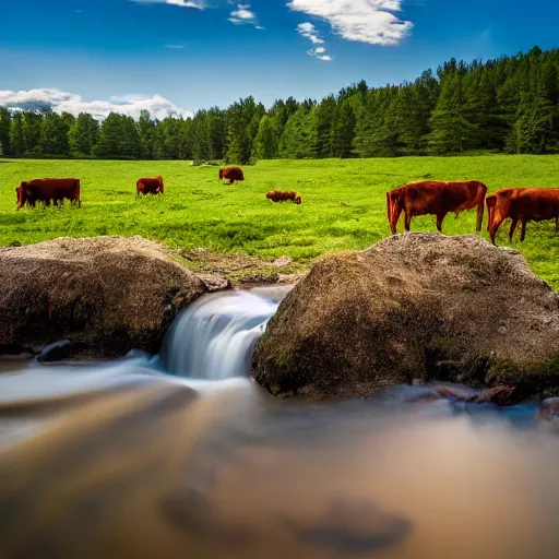 Image similar to landscape photography, warm sun, cozy stream, cows on the meadow, 4k