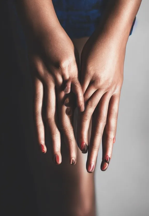 Prompt: an instagram photo of one ultra detailed woman's palm held against the floor, instagram photo, studio photo