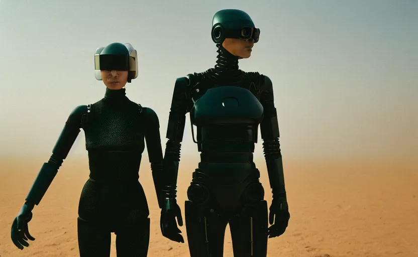 Image similar to cinestill 5 0 d photographic portrait by helen levitt of two loving female androids wearing rugged black mesh techwear on a desolate plain, extreme closeup, modern cyberpunk, dust storm, 8 k, hd, high resolution, 3 5 mm, f / 3 2, ultra realistic faces, ex machina