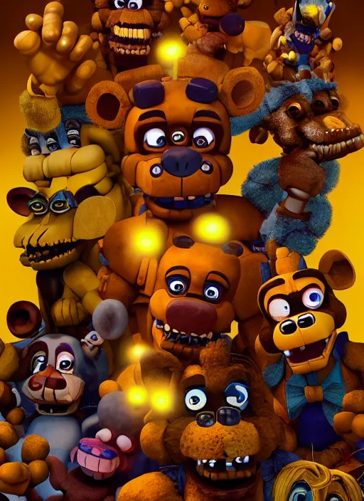 Prompt: closeup group portrait of fnaf, depth of field, zeiss lens, detailed, symmetrical, centered, fashion photoshoot, by Annie Leibovitz and Steve McCurry, David Lazar, Jimmy Nelsson, Breathtaking, 8k resolution, extremely detailed, beautiful, establishing shot, artistic, hyperrealistic, beautiful face, octane render
