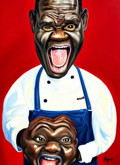 Image similar to norman mingo painting, gordon ramsay screaming, exaggerated proportions, caricature, realistic! ( painterly ), visible brush strokes, vintage, hd, crisp