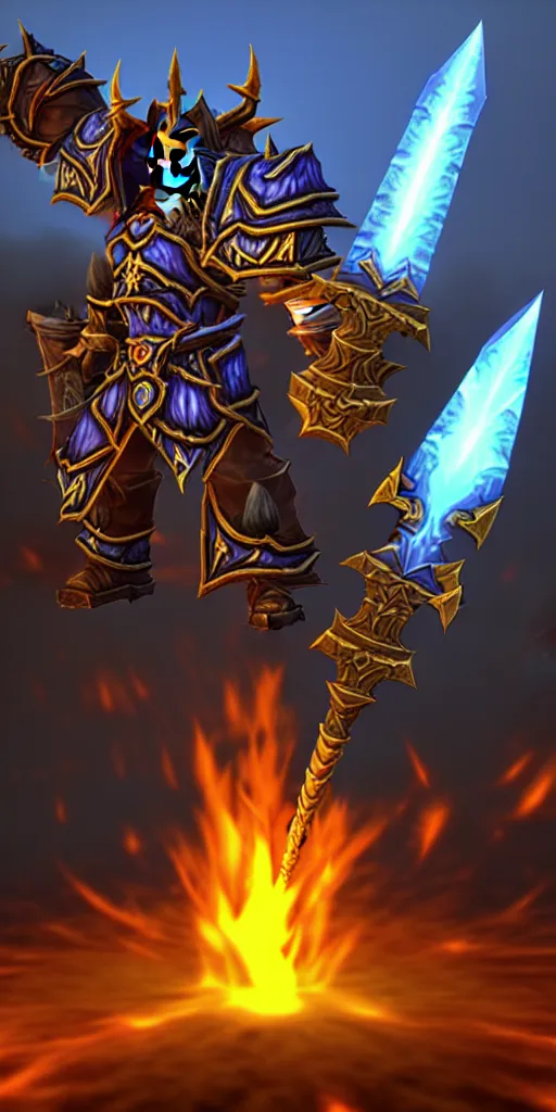 Prompt: world of warcraft 3 d assets : the sword of fire, unreal engine, fantasy, close shot, bright background
