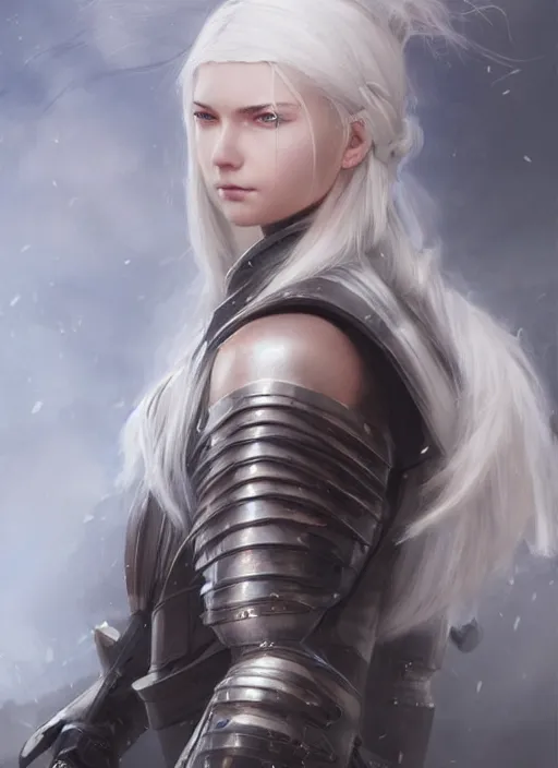 Prompt: girl with shoulder length white hair, steel samurai armor, beautiful highly detailed face, beautiful painting by artgerm and greg rutkowski and raymond swanland