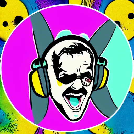 Image similar to svg vector sticker of absolutely insane-mad-scientist-villain, rocking out, wearing headphones, huge speakers, dancing, rave, DJ, spinning records, digital art, amazing composition, rule-of-thirds, award-winning, trending on artstation, featured on deviantart