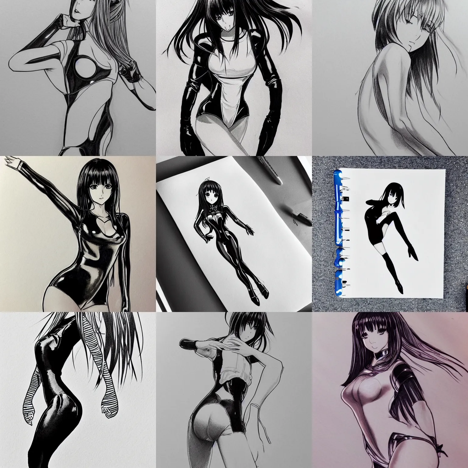 Image similar to beautiful aesthetic inspirational masterful professional ink pen liner sketch of a 1 9 9 0 s anime japanese girl posing in latex leotard, marvel style, concept art, fine details, trending on artstation, high quality paper, instagram photo