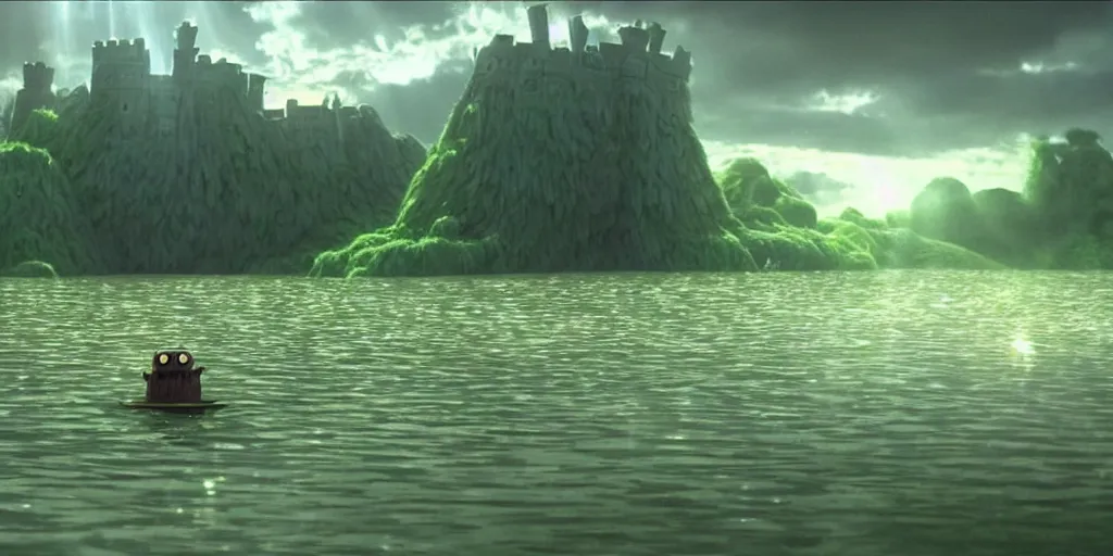 Prompt: a cell - shaded cartoon movie still from howl's moving castle ( 2 0 0 4 ) of a giant green golem in a flooded valley. shafts of sunlight come from above. wide shot, very dull muted colors, hd, 4 k, hq