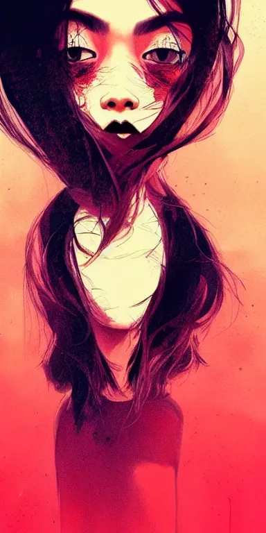 Image similar to candid!! long portrait of a very very beautiful! young filipino woman with narrow face, large eyes and flowing long hair, swirling dreamy smoke and fog is coming from her mouth, face partially obscured, by conrad roset, abstract background, dramatic lighting, trending on artstation