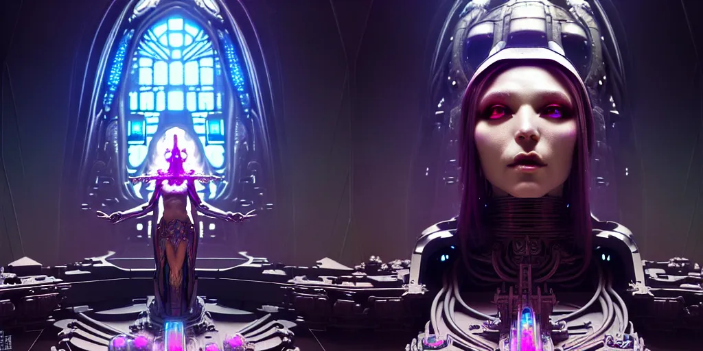 Image similar to ultra detailed female android deity, altar, futuristic gothic environment, ethereal flowerpunk, scifi, fantasy, cyberpunk, octane render, megalopolis, unreal engine, asymmetrical!!! intricate concept art, triadic color, art by artgerm and wlop and giger and greg rutkowski and alphonse mucha, 8 k