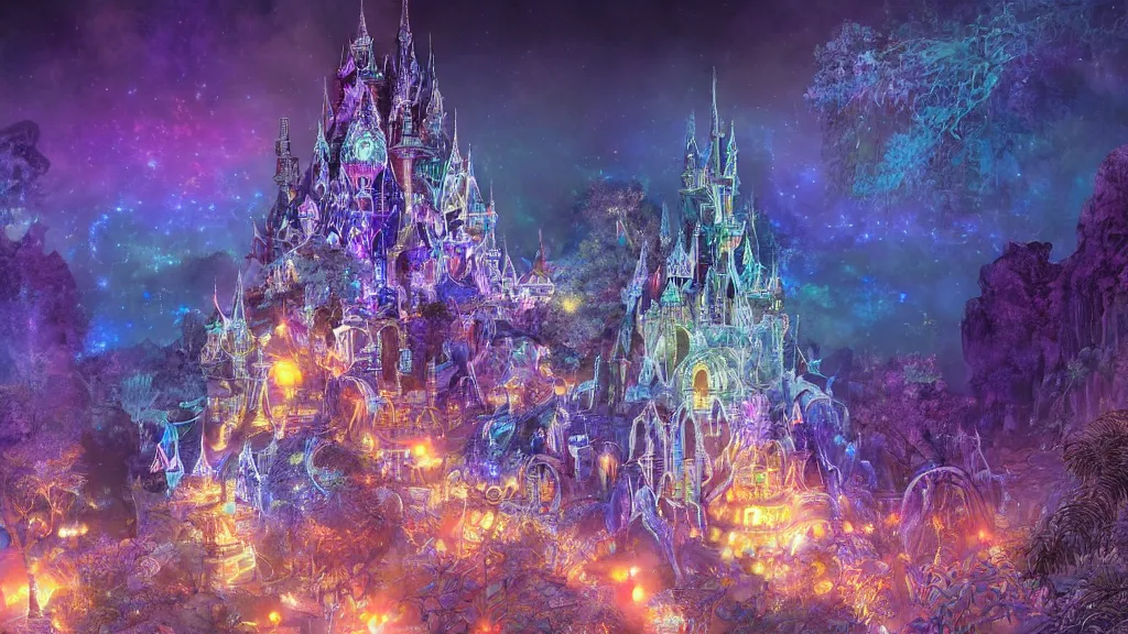 Image similar to a detailed magical crystal castle made of light inspired by yoshitaka amano enveloped in trails of colorful lights around it. clean painting, realistic and auora lighting. dark blue and intense purple color palette, art by kuvshinov ilya and gilbert williams, 8 k