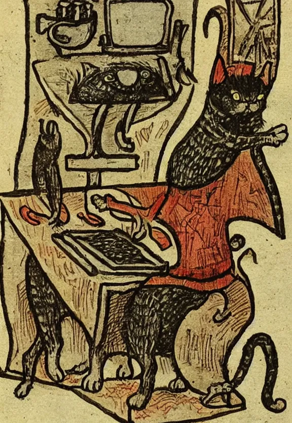 Prompt: [Devilish medieval illustration of a cat watching youtube on a computer]