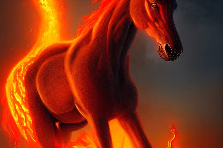 Image similar to a stunning digital painting of a horse made of lava with a mane and tail made of fire by greg rutkowski, volumetric light, digital art, fine detail, photorealistic