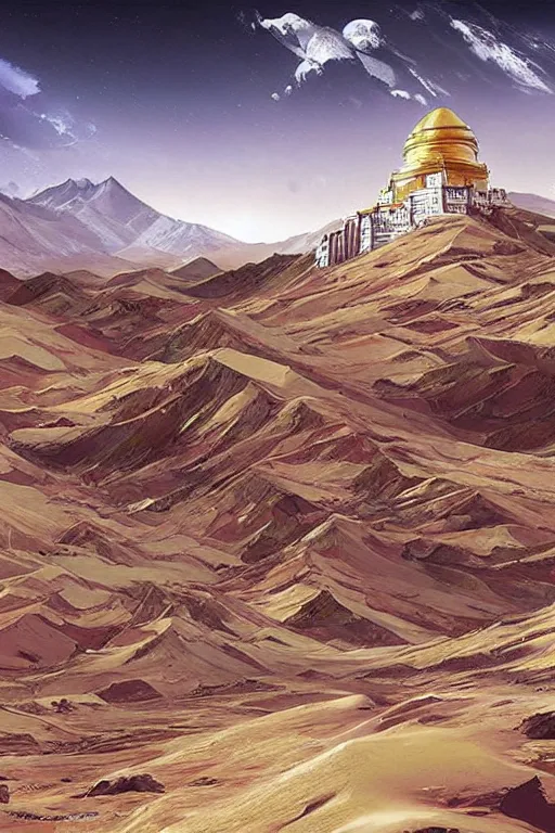 Image similar to lhasa!!! tibetan buddhist monastery on mars, stunning landscape, by stephan martiniere