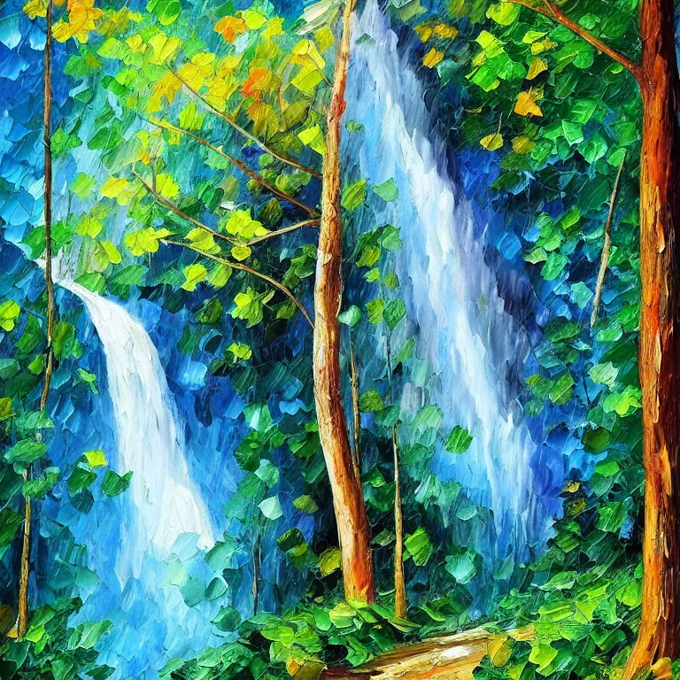 Image similar to A beautiful oil painting of a very tall waterfall on a very rocky cliff, in the middle of a huge forest of trees with bright blue glowing leaves, by Afremov