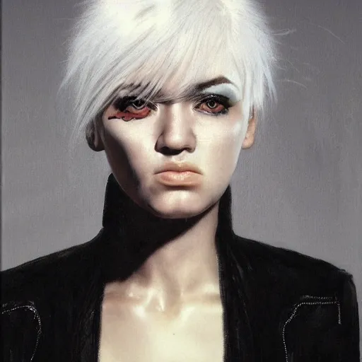 Prompt: A young woman with black and white hair looking disgusted away from the camera, Punk, Portrait by Noriyoshi Ohrai, rendered in octane, oil on canvas