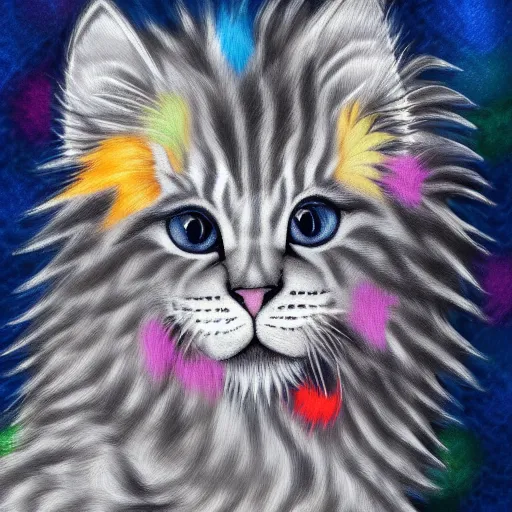 Prompt: cute fluffy grey tabby kitten with long colorful flowing lion mane with mohawk hairstyle hybrid animal detailed painting 4 k