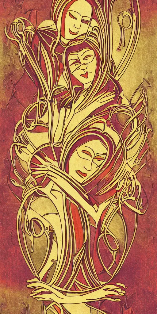 Image similar to art deco, art nouveau, colors, love, warmth, happiness, couple, hallmark style, papyrus style, card