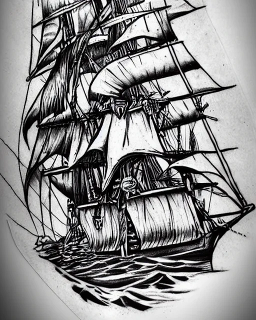 Image similar to A tattoo design on paper of a pirate ship, on paper, black and white, highly detailed tattoo, realistic tattoo, realism tattoo