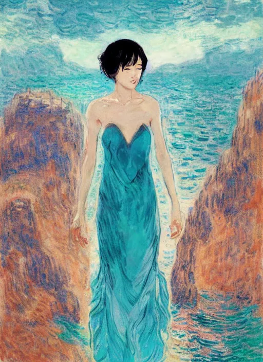 Image similar to lee jin - eun in luxurious dress emerging from turquoise water in egyptian pyramid city during an eclipse by claude monet, conrad roset, m. k. kaluta, martine johanna, rule of thirds, elegant look, beautiful, chic, face anatomy, cute complexion