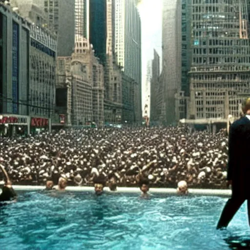 Prompt: still of donald trump clones invading time square, wearing medieval helmets, in american psycho ( 1 9 9 9 ), and still of liminal swimming pools, in american psycho ( 1 9 9 9 )