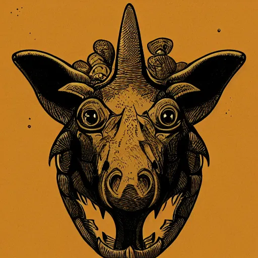 Prompt: triceratops head surrounded by dogs, family crest, style of kilian eng, light, simple, illustration, tattoo,