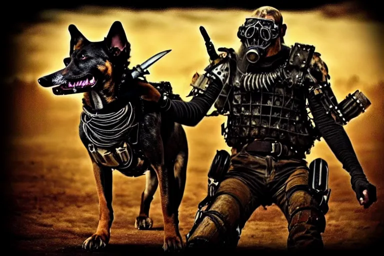 Image similar to a hound dog fursona ( from the furry fandom ), heavily armed and armored facing down armageddon in a dark and gritty version from the makers of mad max : fury road. witness me.