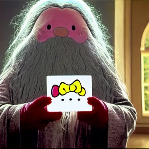 Image similar to portrait of gandalf as Hello Kitty, holding a blank playing card up to the camera, movie still from the lord of the rings